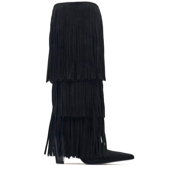 Zara Black Fringe Heeled Knee High Suede Boots Western Maximalism CoastalCowgirl - Picture 11 of 16